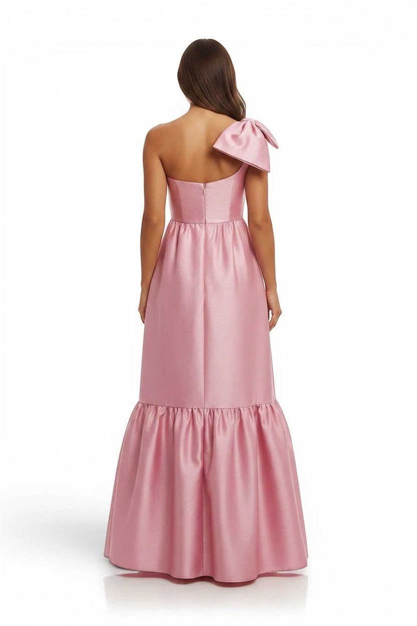 Robe de demoiselle d'honneur Valerelle longue vieux rose asymétrique avec nœud sur l'épaule et bas volanté