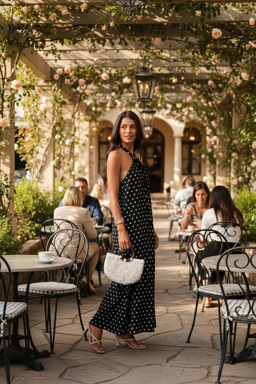 Femme portant une robe longue Valerelle noire à pois blancs avec encolure arrondie sur une terrasse de café fleurie