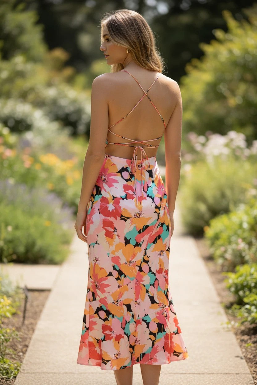 Robe midi Valerelle à imprimé floral coloré, dos nu avec fines bretelles croisées, portée par une femme en extérieur.