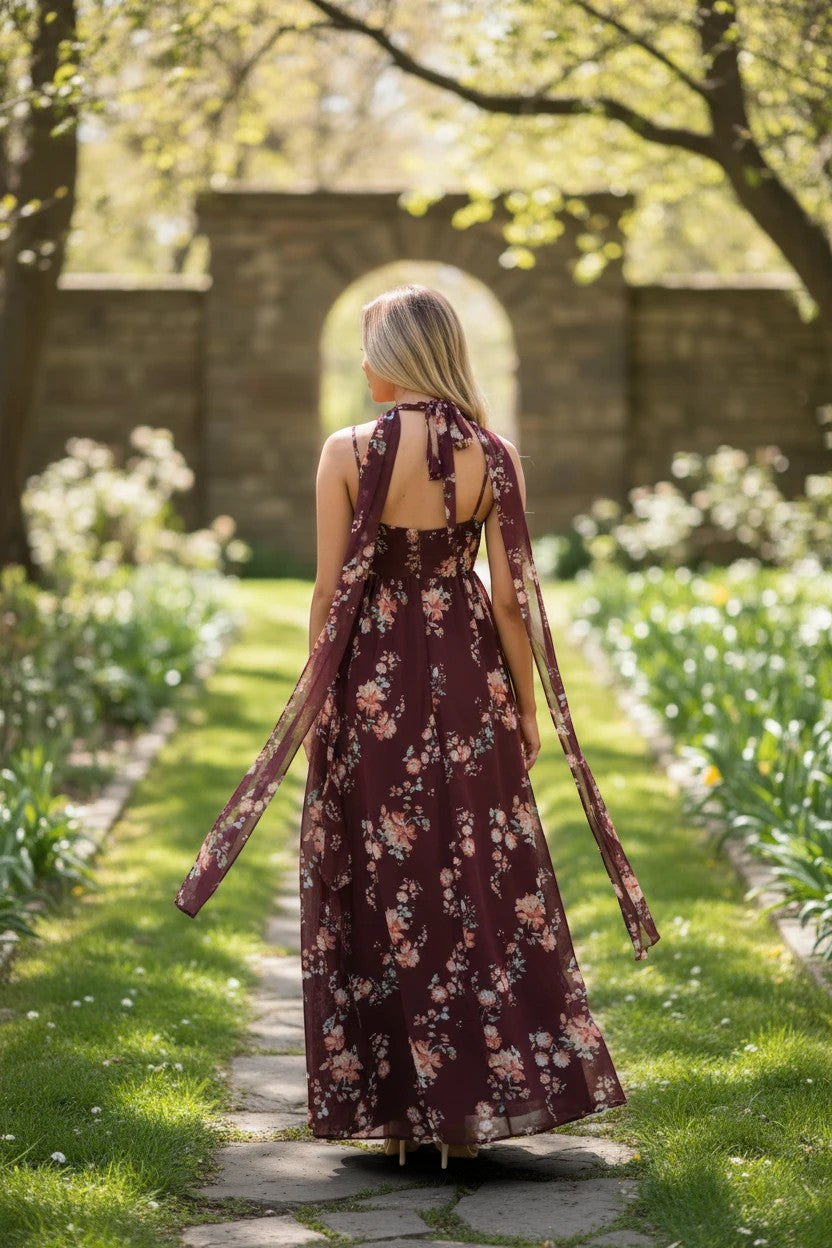 Robe de soirée longue Valerelle bordeaux à imprimé floral, coupe fluide avec liens à nouer dans un jardin ensoleillé.