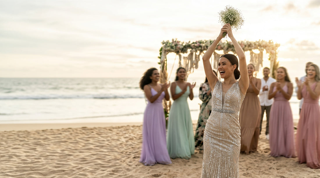 Invitées de mariage portant des robes de différentes couleurs lors d'une cérémonie en bord de mer