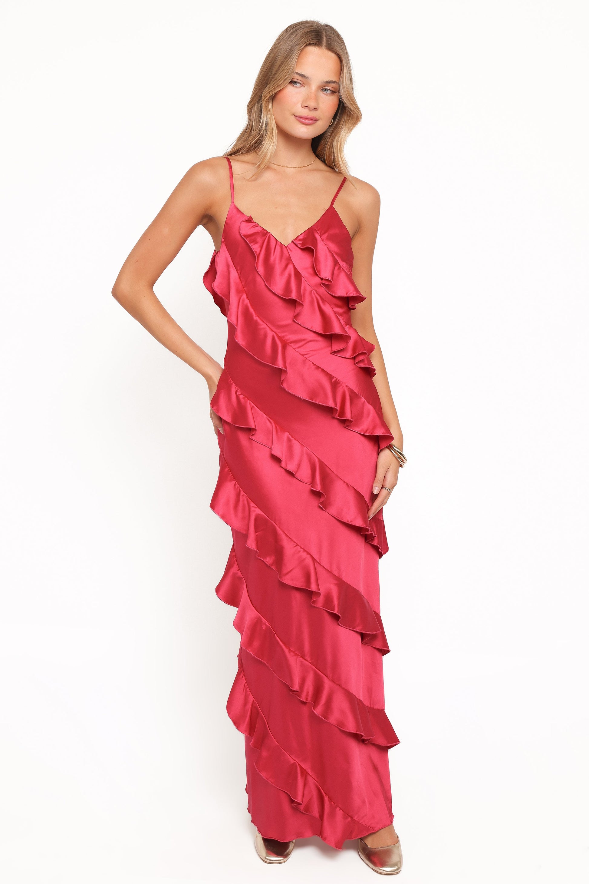 Robe de demoiselle d'honneur longue satinée – Fuchsia - vue 2 - Valerelle