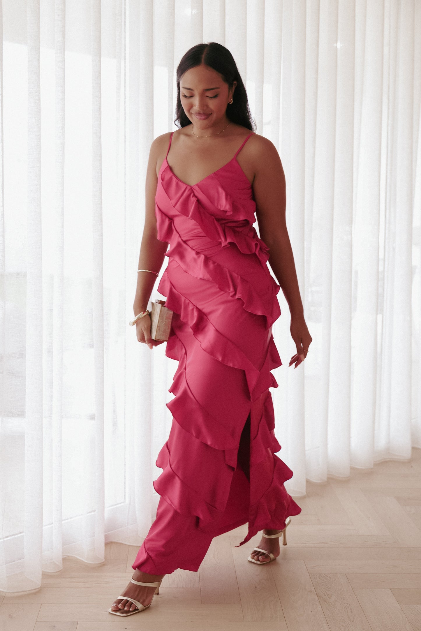 Robe de demoiselle d'honneur longue satinée – Fuchsia - Valerelle