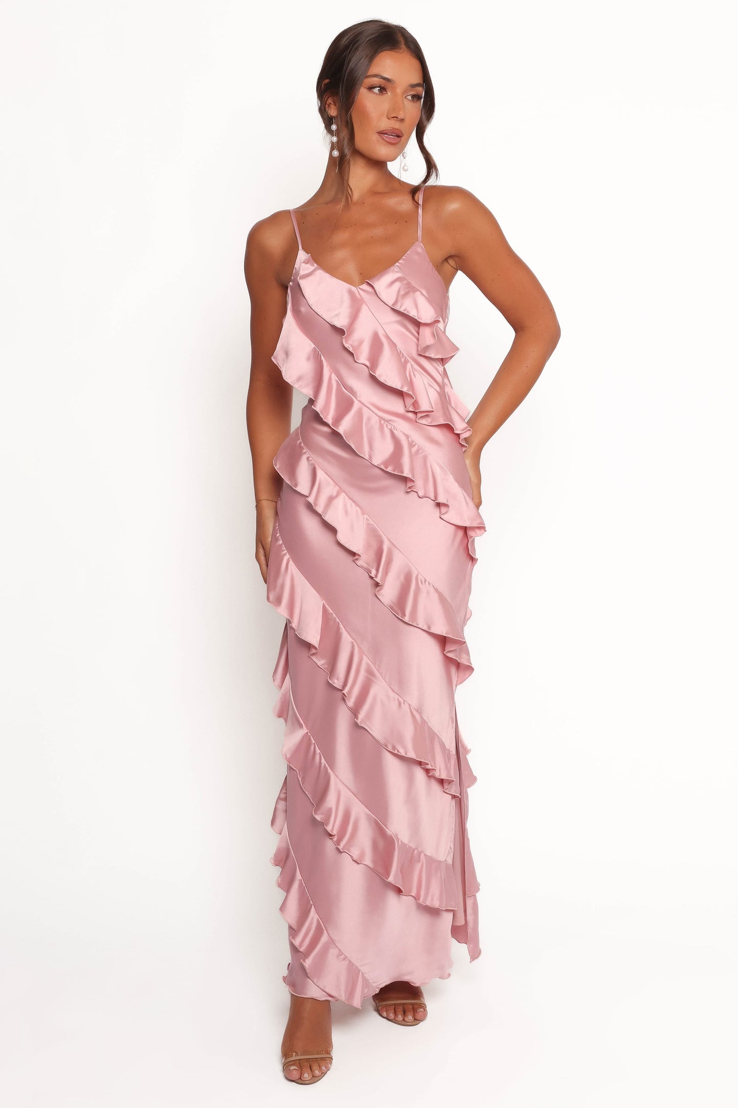 Robe de soirée longue satinée – Rose - vue 2 - Valerelle