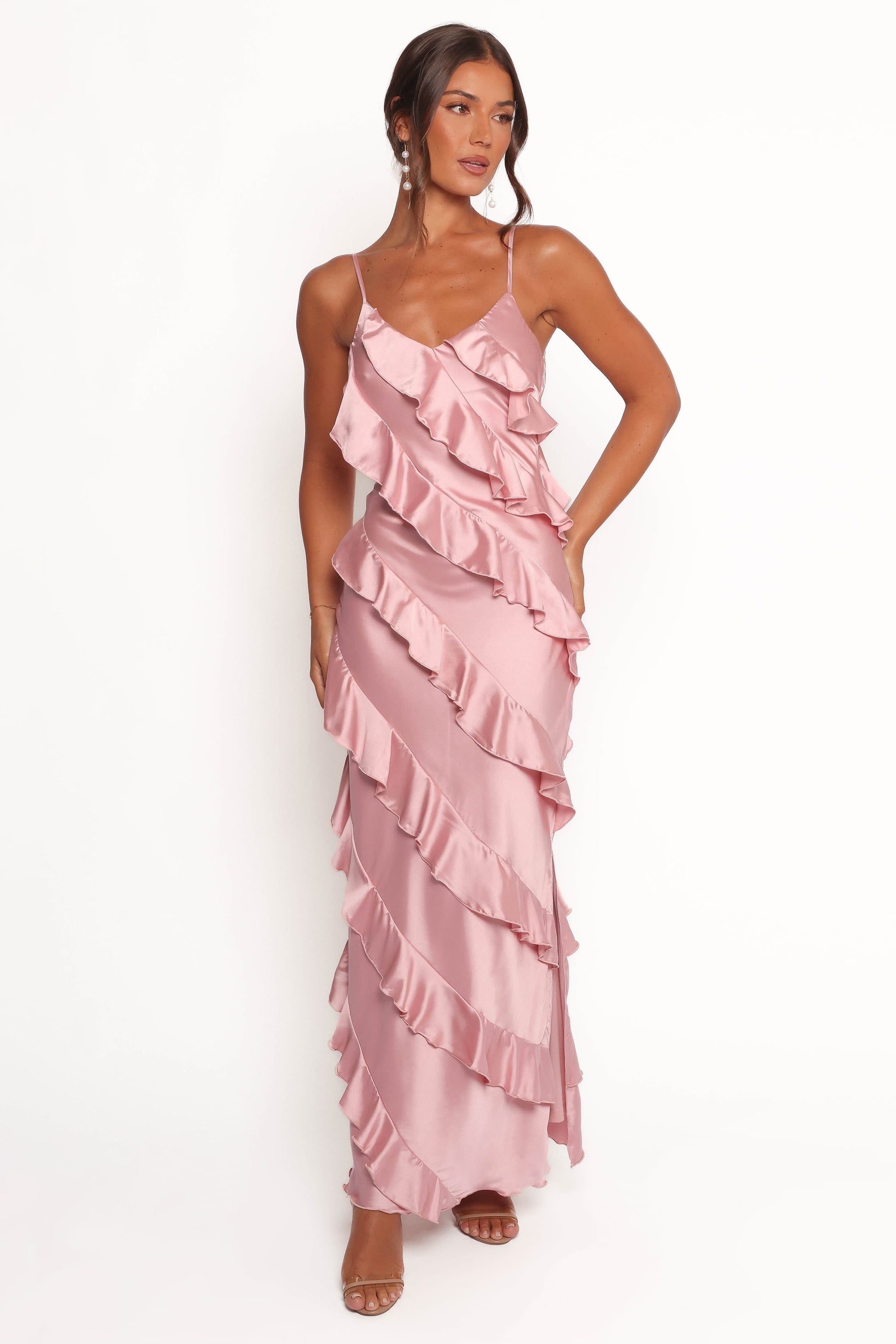 Robe de soirée longue satinée – Rose - vue 2 - Valerelle