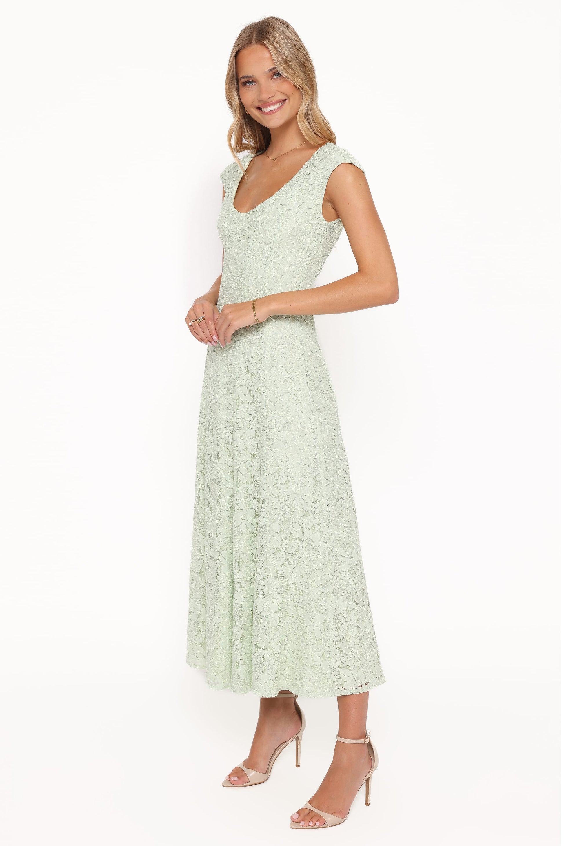 Robe d'invitée de mariage longue en dentelle – Vert sauge - vue 4 - Valerelle