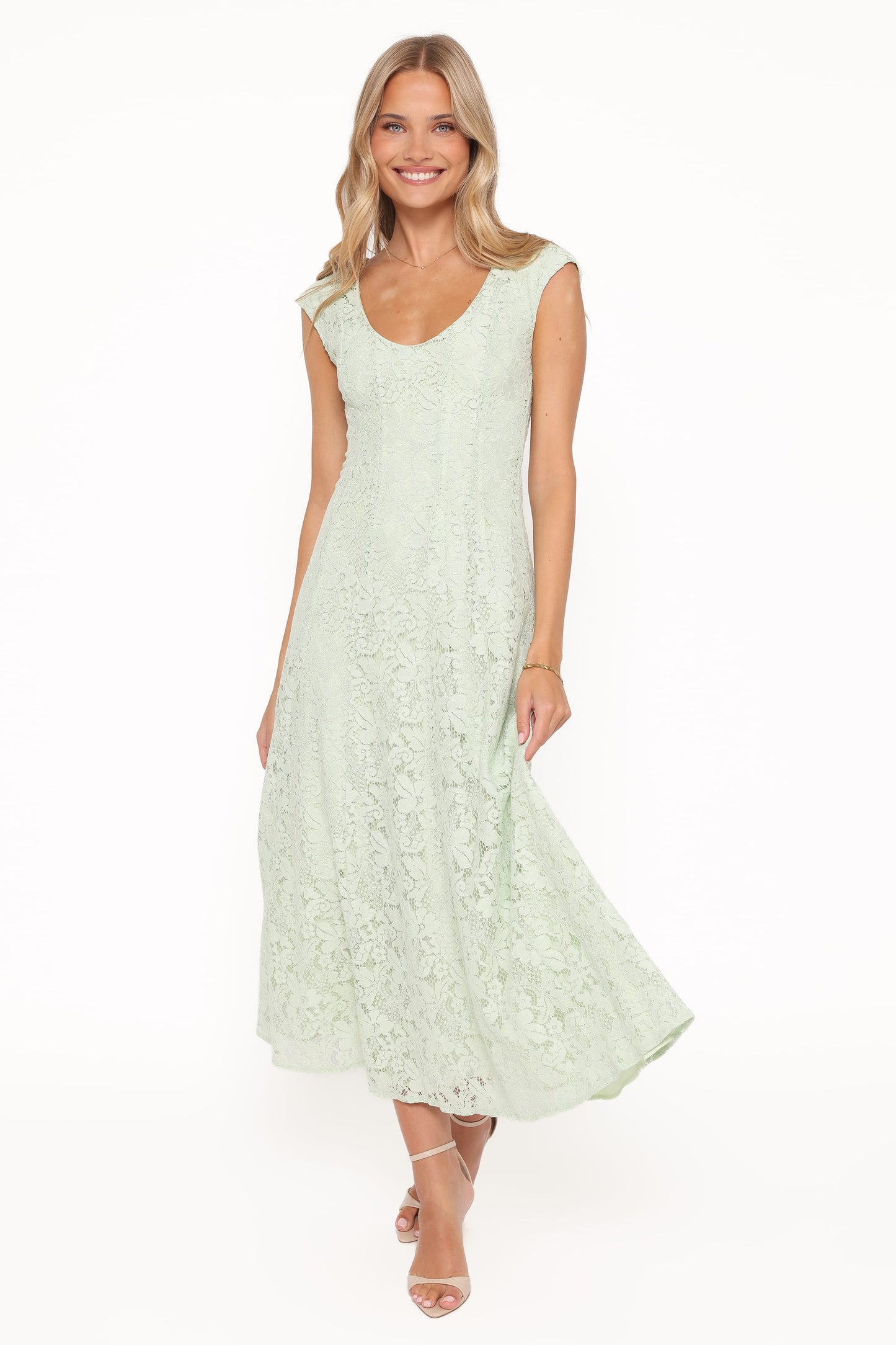 Robe d'invitée de mariage longue en dentelle – Vert sauge - vue 2 - Valerelle