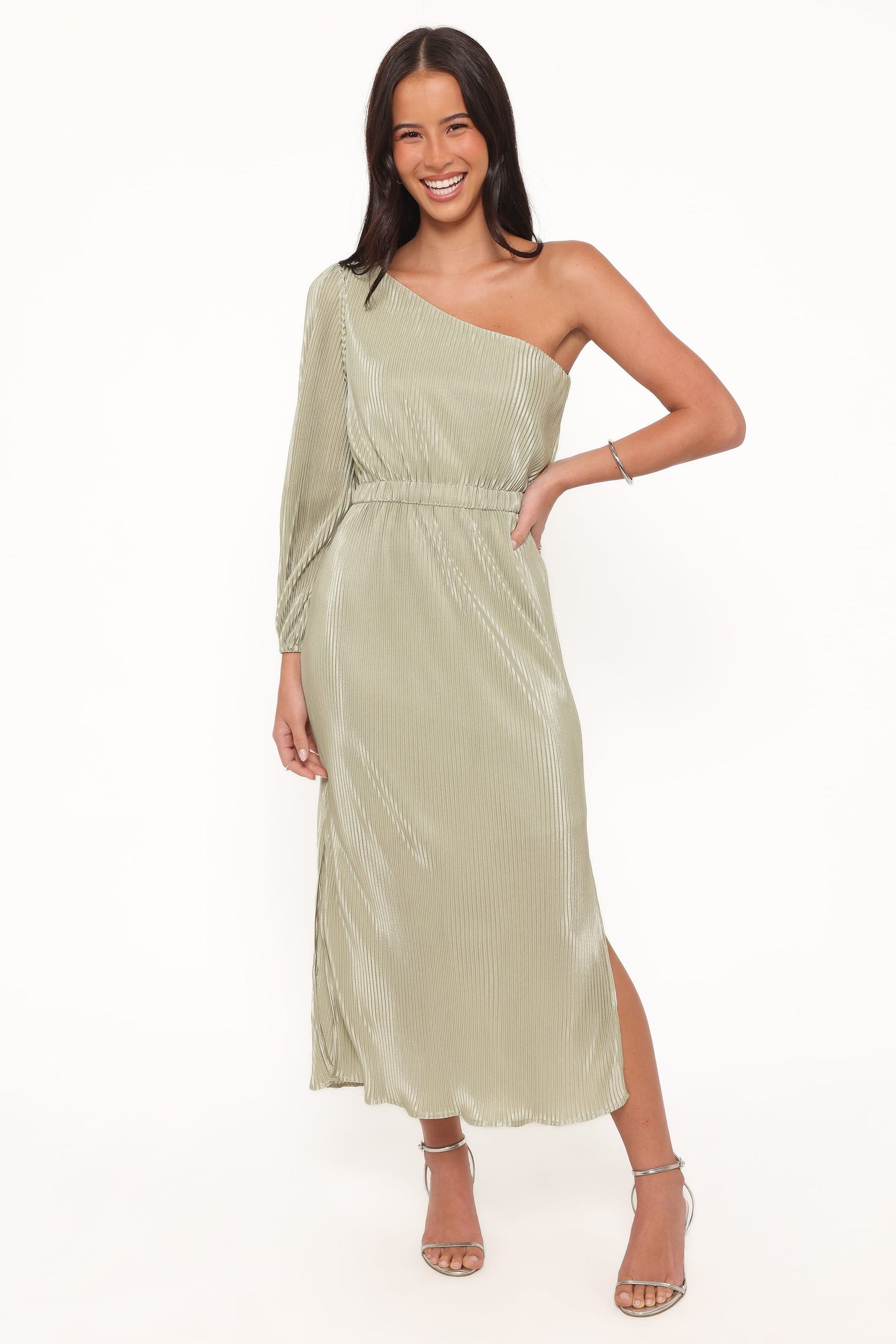 Robe d'invitée de mariage midi plissée – Vert sauge - vue 2 - Valerelle