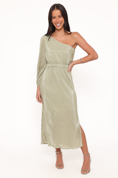 Robe d'invitée de mariage midi plissée – Vert sauge - vue 2 - Valerelle