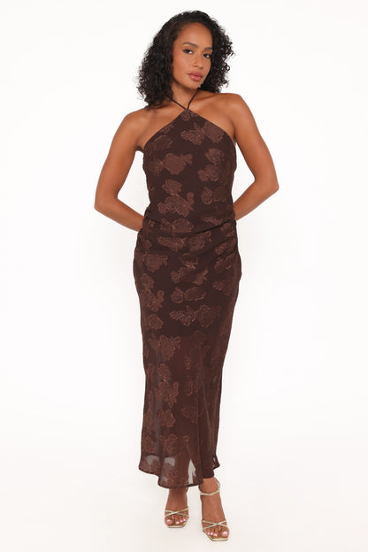 Robe de demoiselle d'honneur longue col licou – Chocolat - Valerelle