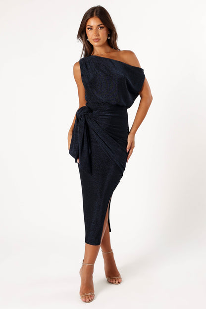 Robe de soirée midi épaules dénudées – Bleu nuit - vue 2 - Valerelle