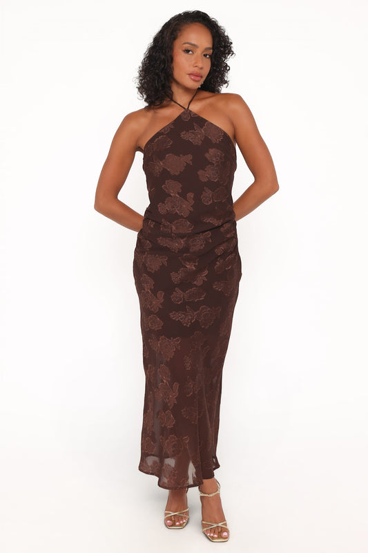 Robe de demoiselle d'honneur longue col licou – Chocolat - Valerelle