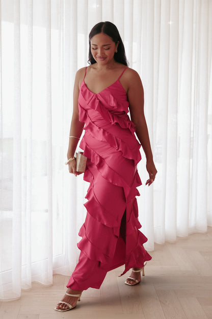 Robe de demoiselle d'honneur longue satinée – Fuchsia - Valerelle
