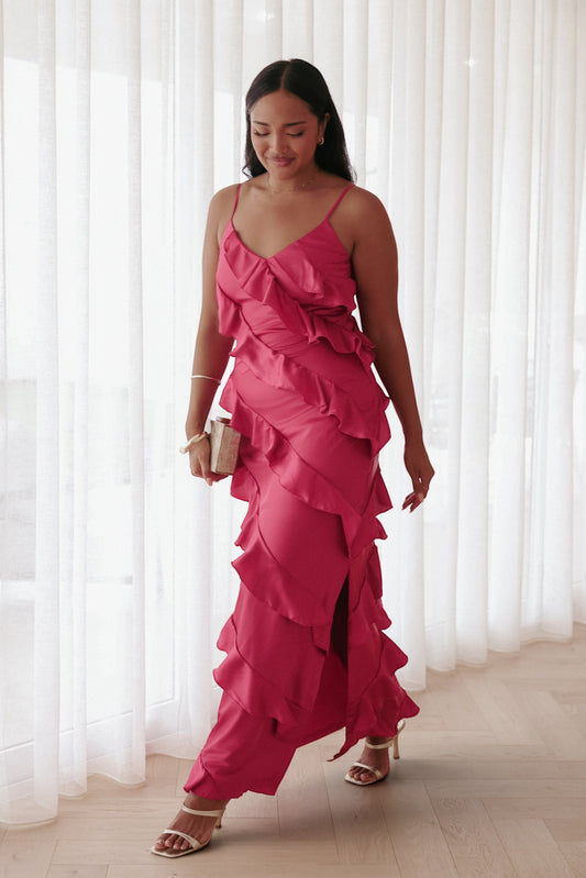 Robe de demoiselle d'honneur longue satinée – Fuchsia - Valerelle