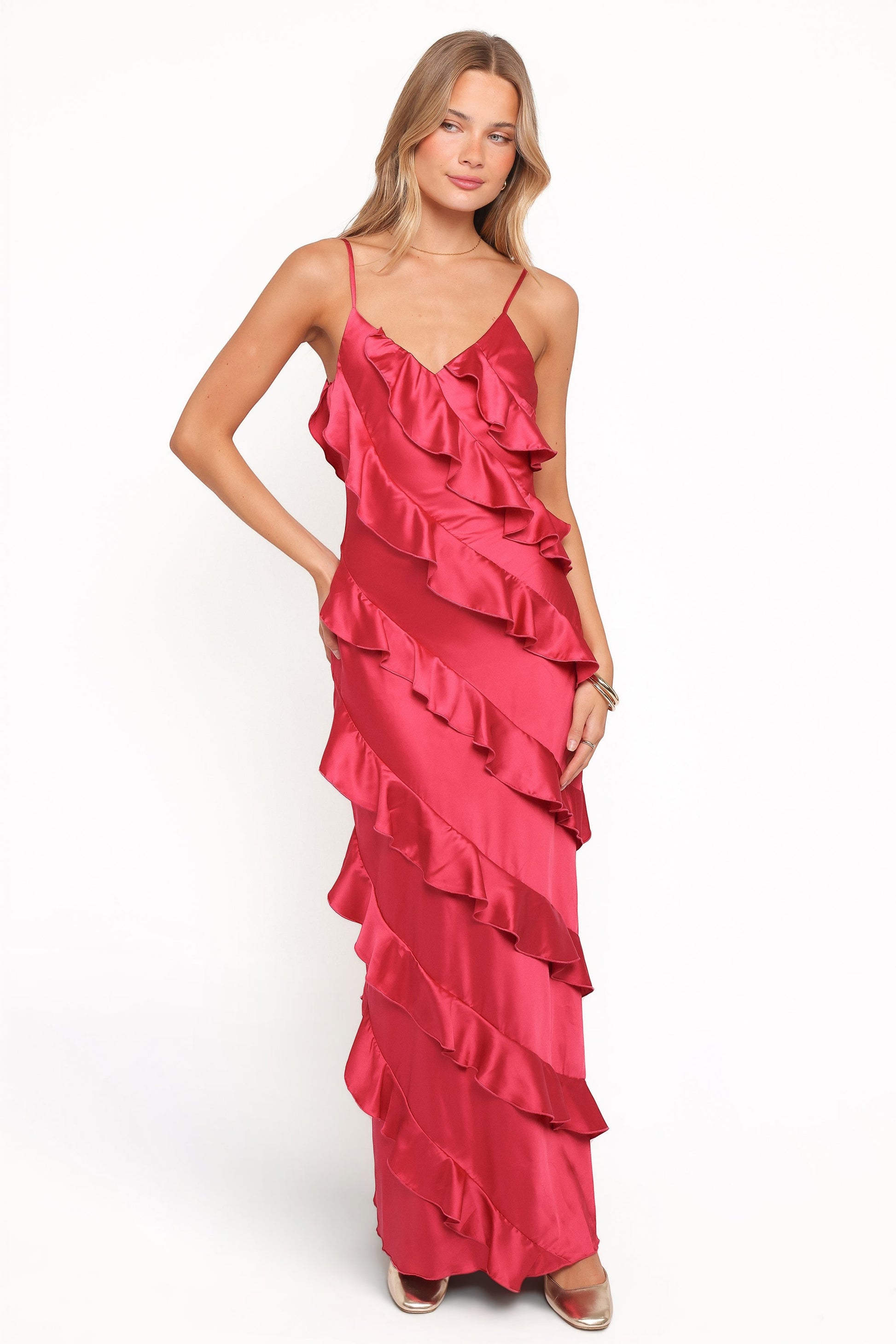 Robe de demoiselle d'honneur longue satinée – Fuchsia - vue 2 - Valerelle