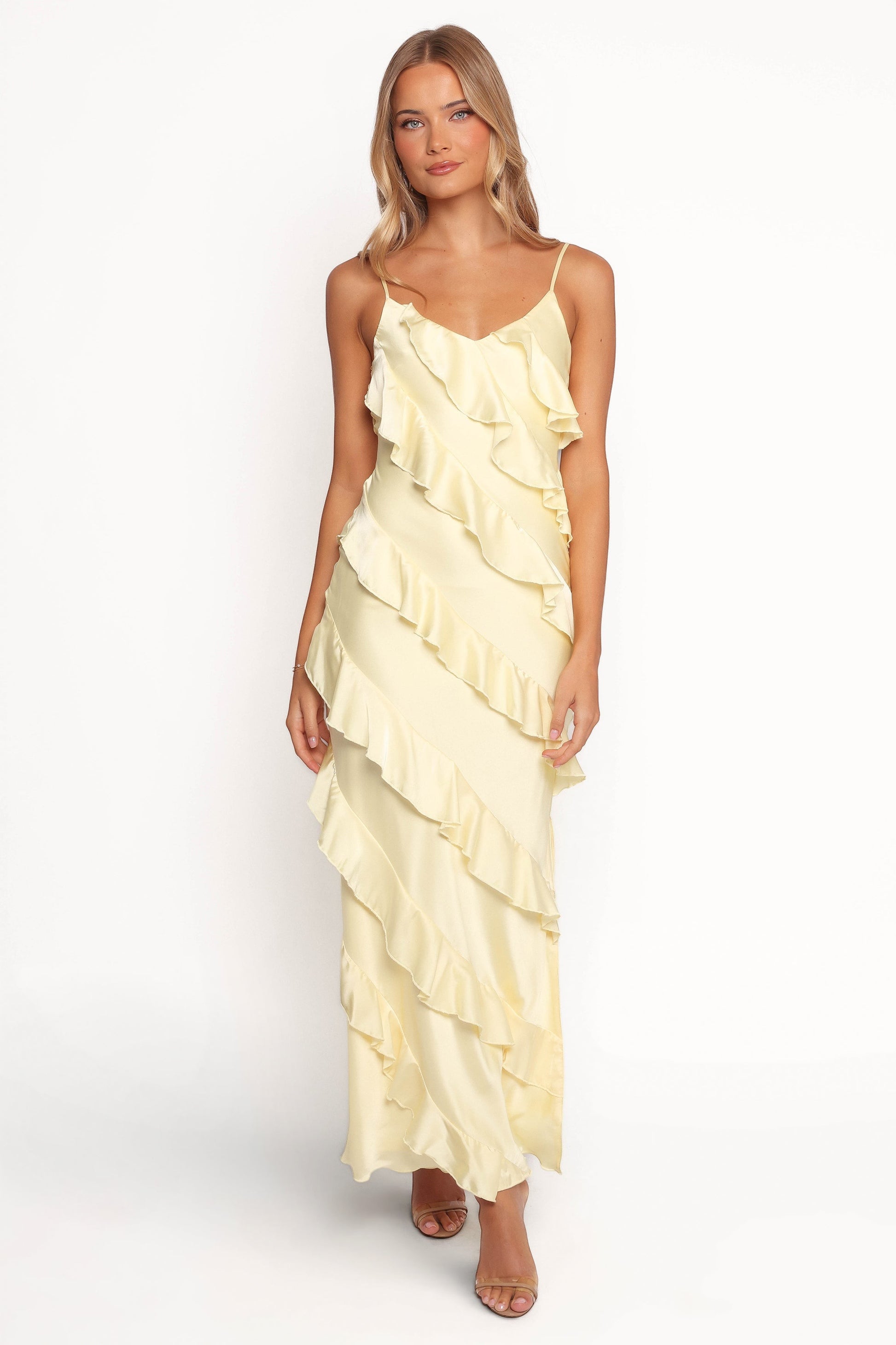 Robe d'invitée de mariage longue satinée – Jaune - vue 2 - Valerelle