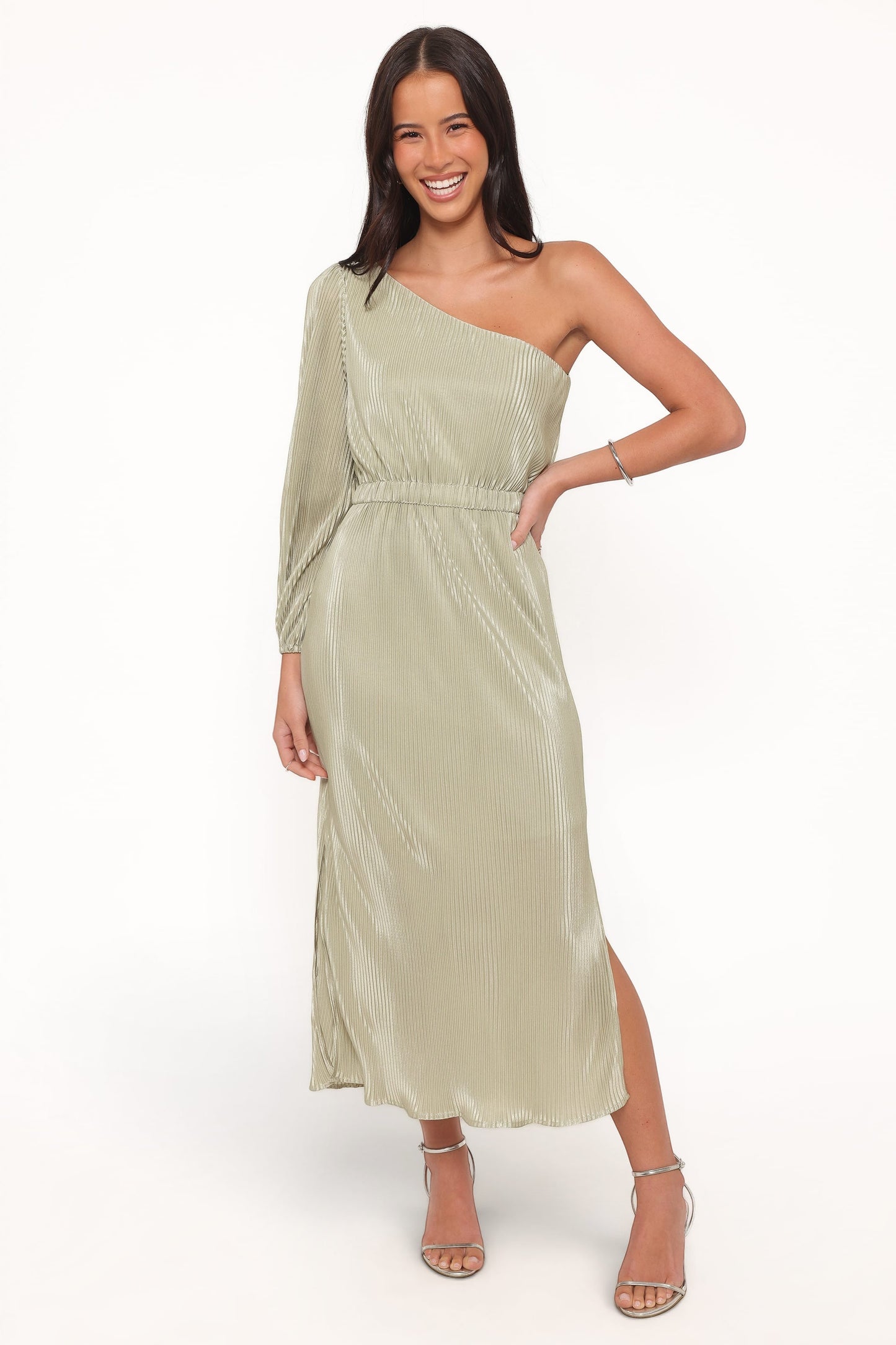 Robe d'invitée de mariage midi plissée – Vert sauge - vue 2 - Valerelle
