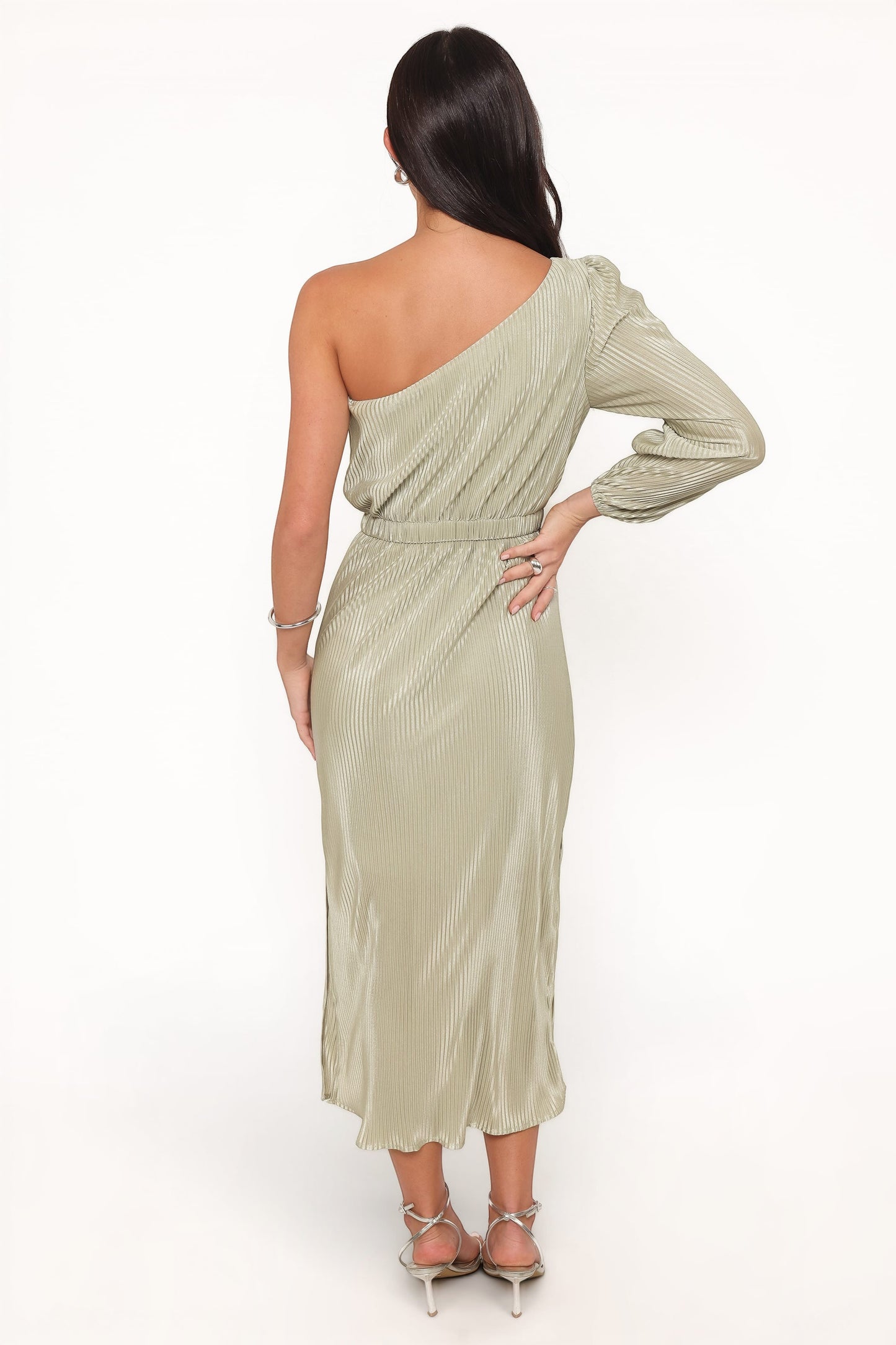 Robe d'invitée de mariage midi plissée – Vert sauge - vue 4 - Valerelle