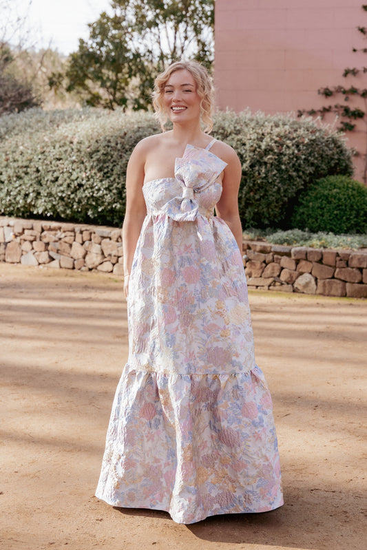 Robe d'invitée de mariage longue à nœud nœud devant – Imprimé floral - Valerelle