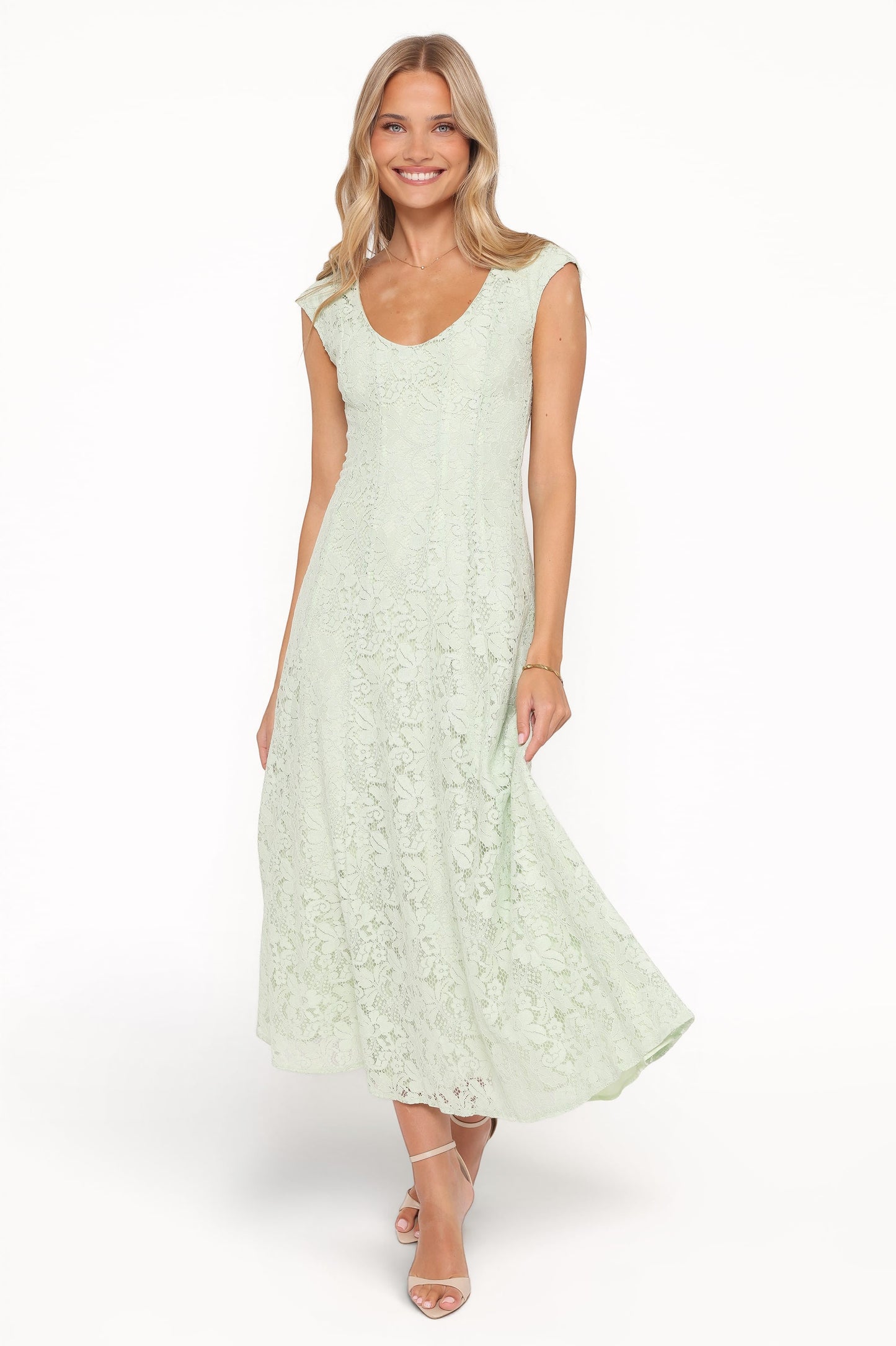 Robe d'invitée de mariage longue en dentelle – Vert sauge - vue 2 - Valerelle