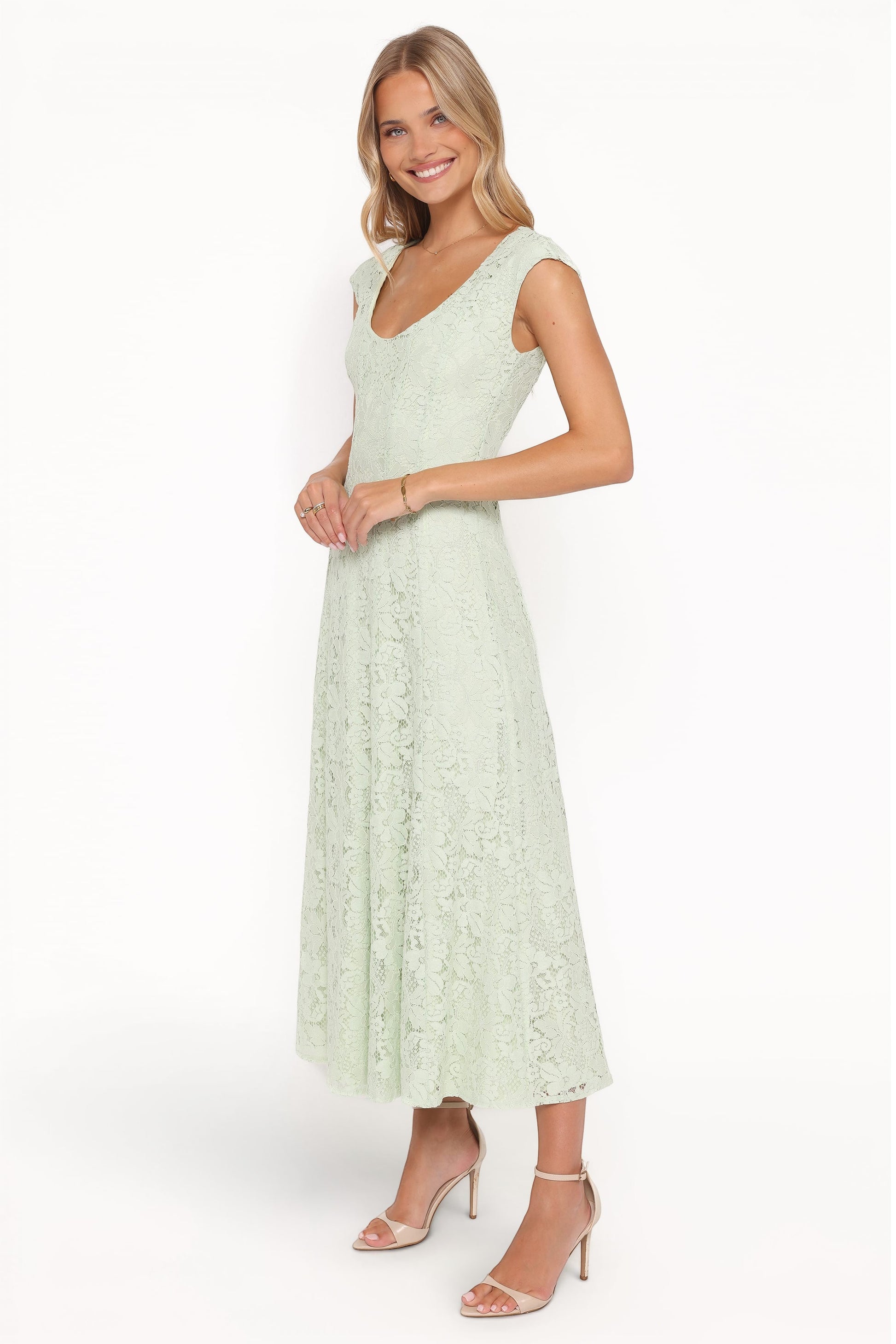 Robe d'invitée de mariage longue en dentelle – Vert sauge - vue 4 - Valerelle
