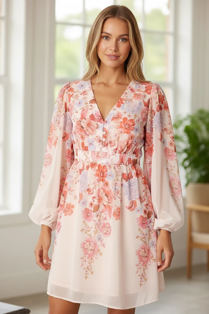 Robe courte Valerelle à imprimé floral rose et blanc, coupe ajustée avec manches longues bouffantes et col en V