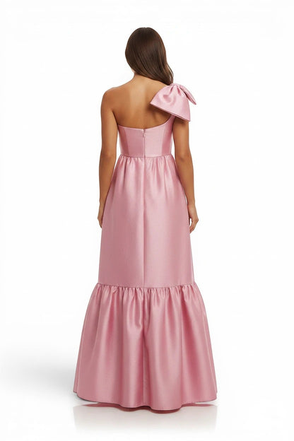 Robe de demoiselle d'honneur Valerelle longue vieux rose asymétrique avec nœud sur l'épaule et bas volanté