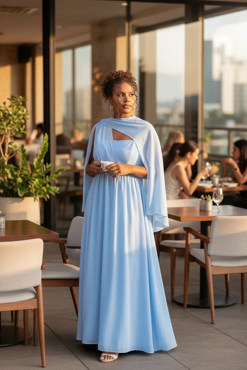 Femme portant une robe longue Valerelle bleu clair fluide avec une cape intégrée lors d'une réception en terrasse.