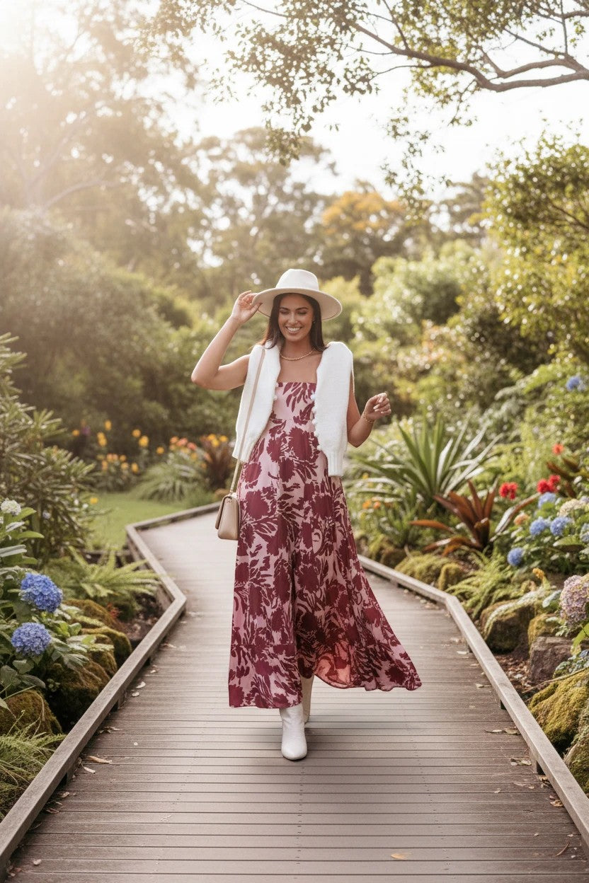 Robe longue Valerelle bordeaux à motifs floraux portée par une femme avec un chapeau et des bottines dans un jardin