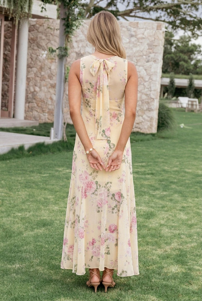 Vue arrière de la robe longue Valerelle jaune à imprimé floral avec nœud au dos, portée dans un jardin.