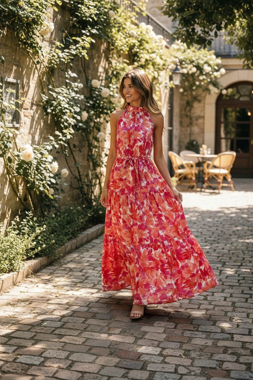 Robe longue Valerelle orange à motif floral avec col licou, portée par une femme dans une cour pavée ensoleillée.