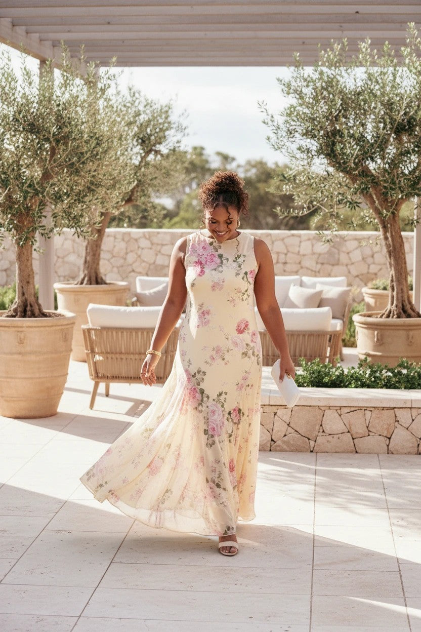 Femme portant une robe longue Valerelle jaune à imprimé floral fluide pour un mariage en extérieur sur une terrasse.