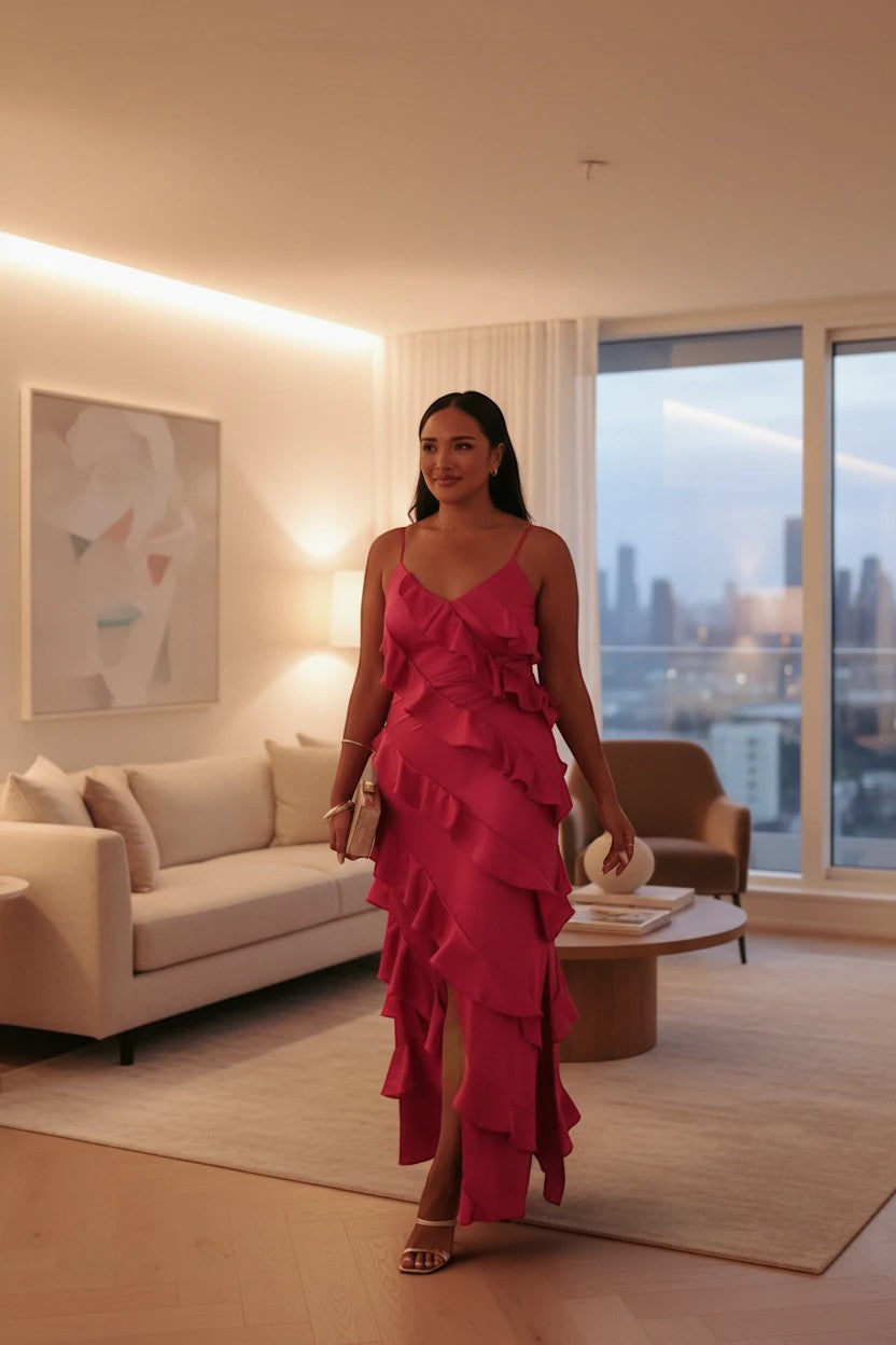 Robe longue Valerelle fuchsia en satin à volants portée par une femme dans un salon moderne et élégant