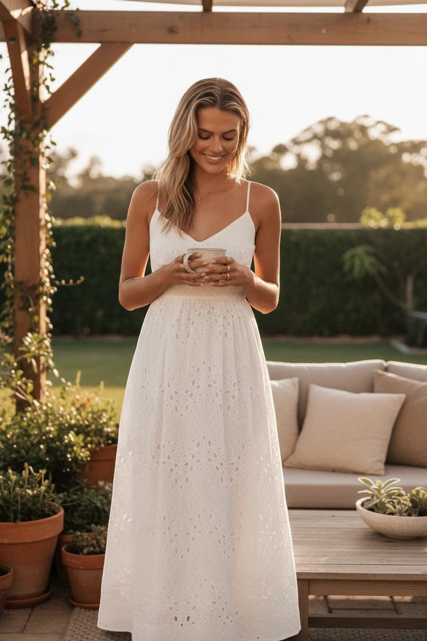 Femme souriante portant une robe midi Valerelle blanche en tissu ajouré avec bretelles fines sur une terrasse ensoleillée