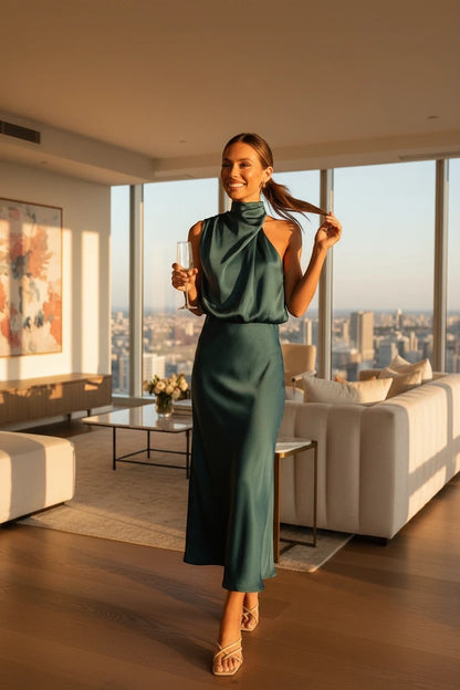 Femme souriante portant une robe midi Valerelle bleu canard à col licou fluide dans un salon chic avec vue urbaine