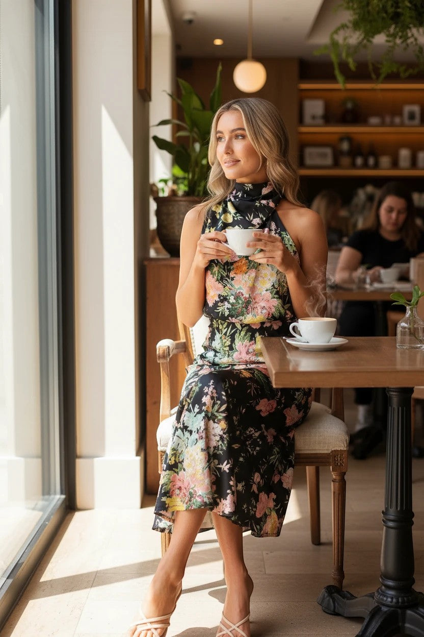 Robe midi Valerelle à col licou et imprimé floral portée par une femme assise à une table de café