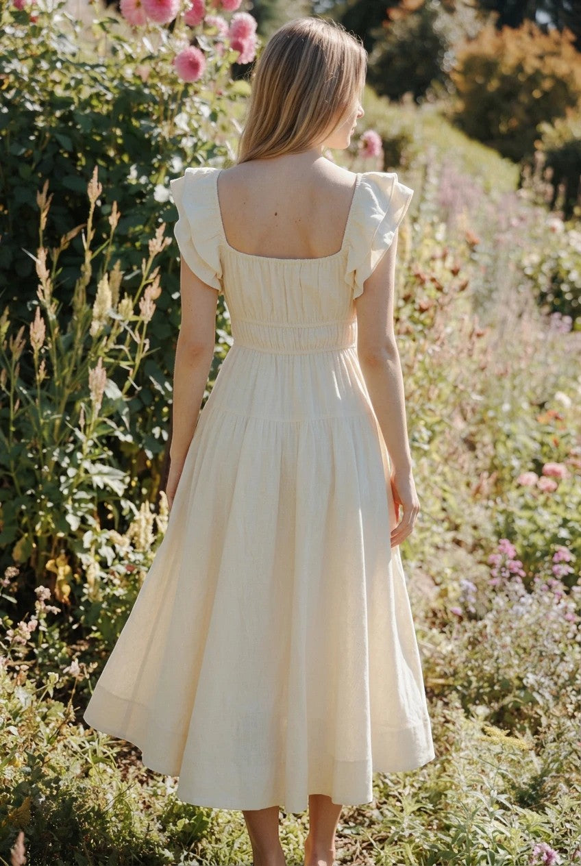 Robe midi Valerelle jaune beurre avec manches à volants et dos nu, portée par une femme dans un jardin fleuri