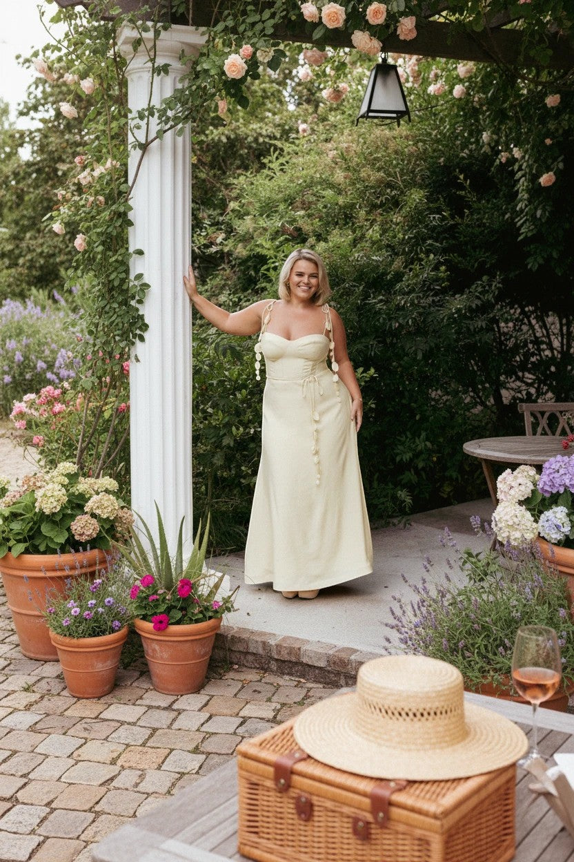 Robe midi jaune Valerelle cintrée à bretelles nouées portée par une femme dans un jardin fleuri