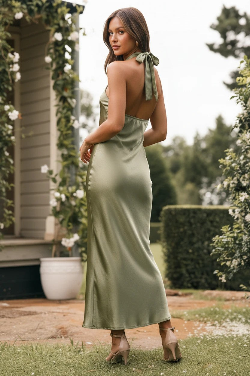 Robe de demoiselle d'honneur Valerelle midi couleur olive en tissu fluide satiné avec dos nu et noué au cou