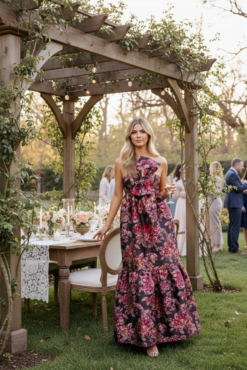 Femme portant une robe de soirée longue Valerelle à imprimé floral avec un nœud structuré à la taille dans un jardin.