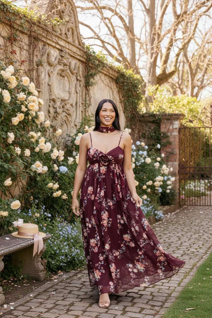 Robe de soirée longue Valerelle bordeaux à imprimé floral, coupe fluide avec encolure arrondie portée dans un jardin.