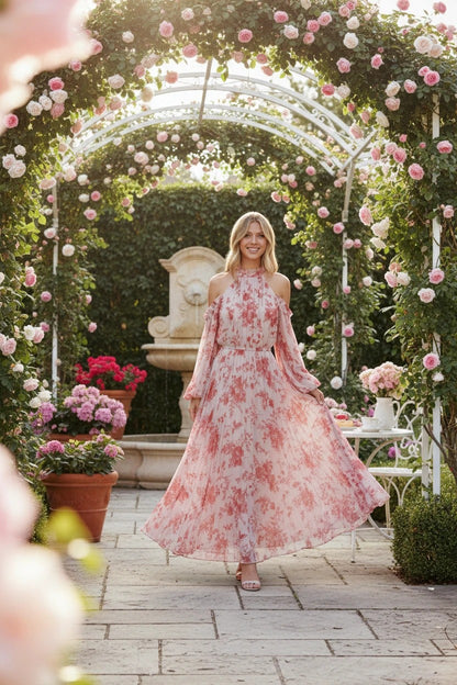 Robe de soirée longue Valerelle plissée à imprimé floral rose, portée par une femme dans un jardin fleuri.