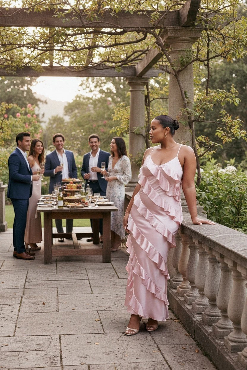 Robe de soirée longue Valerelle rose satinée à volants portée par une femme dans un jardin lors d'une réception.