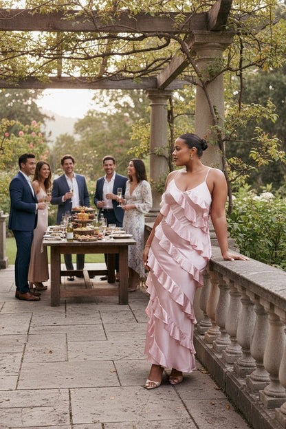 Robe de soirée longue Valerelle rose satinée à volants portée par une femme dans un jardin lors d'une réception.
