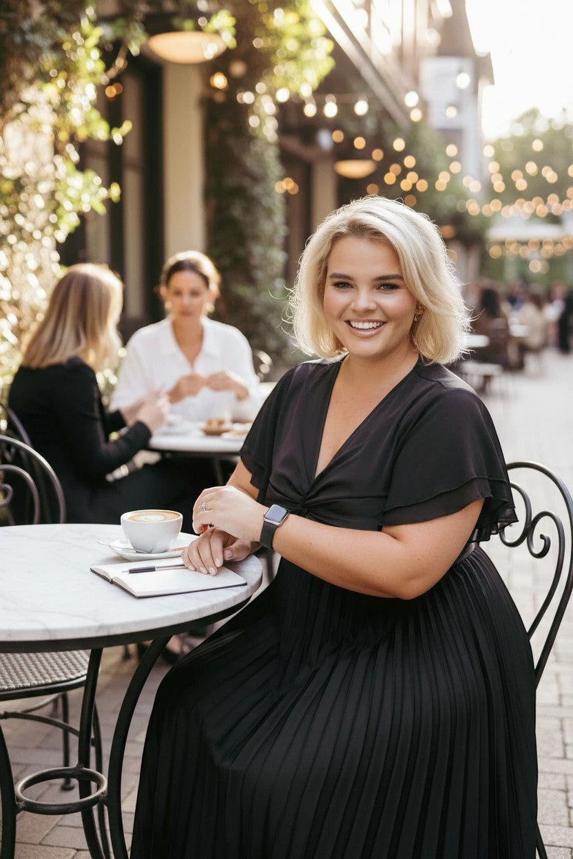 Femme blonde souriante portant une robe de soirée midi noire Valerelle, assise à une table de terrasse en ville.
