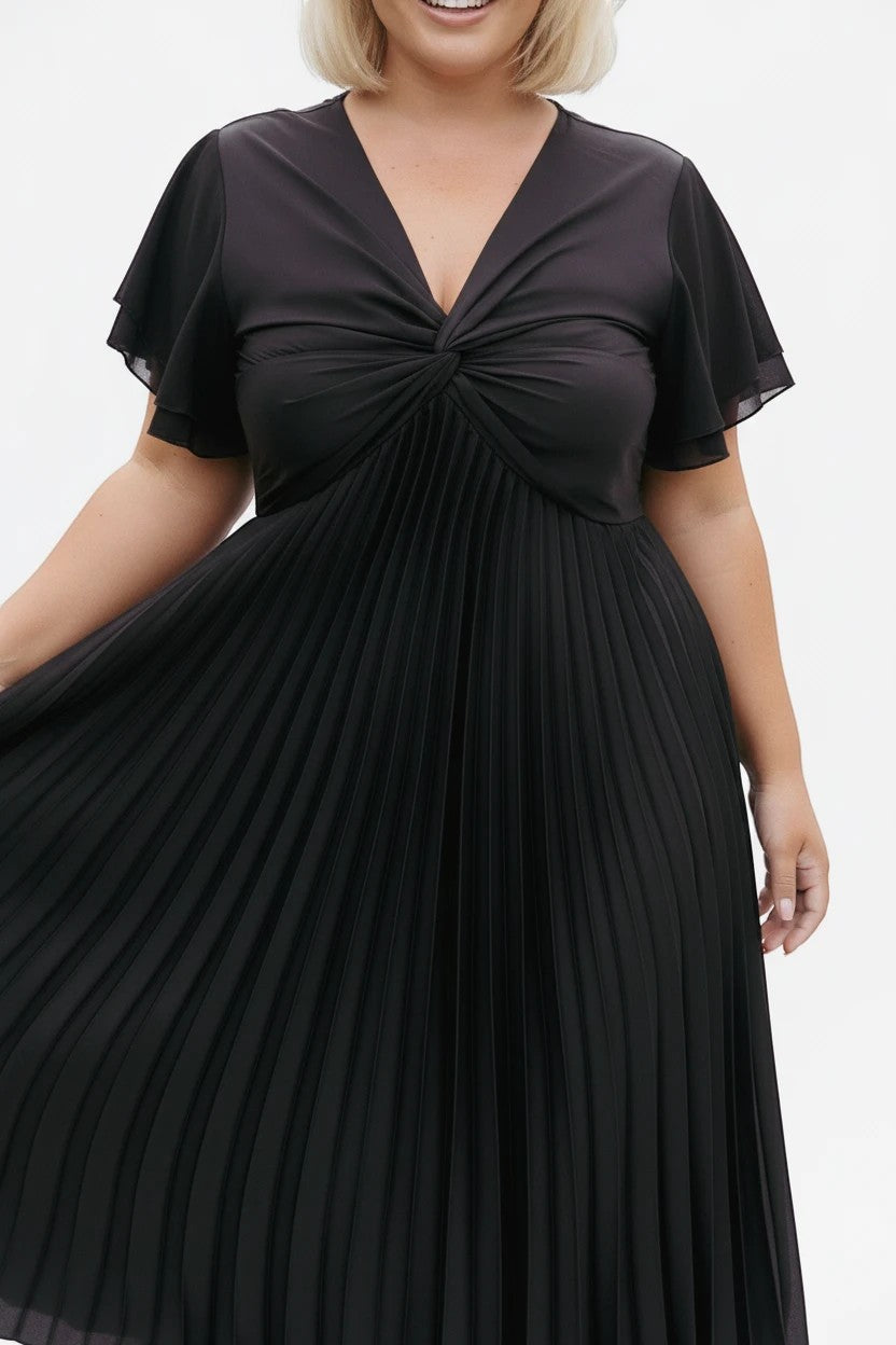 Robe de soirée midi noire Valerelle avec jupe plissée, décolleté en V et manches courtes fluides