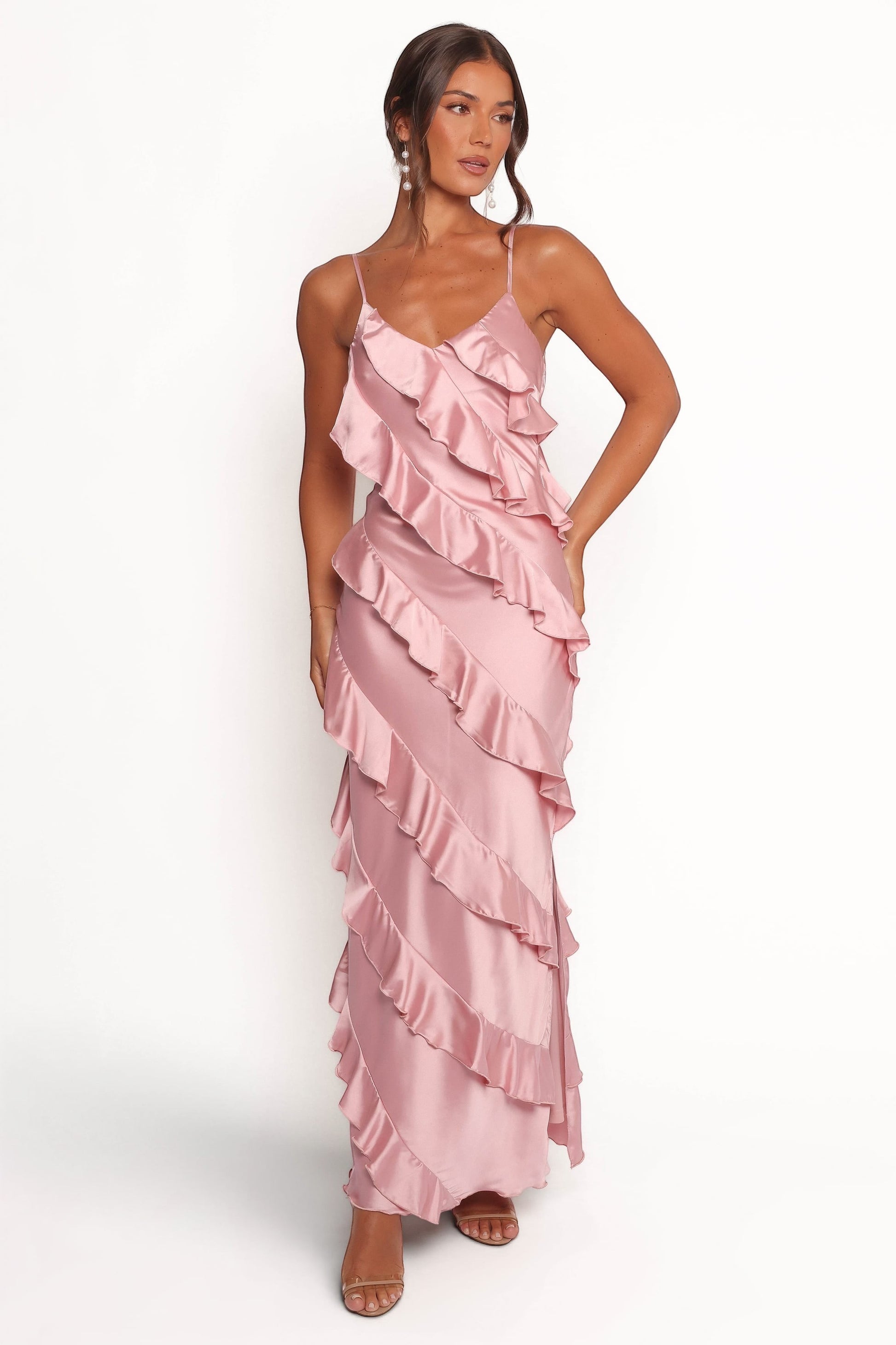 Robe de soirée longue satinée – Rose - vue 2 - Valerelle
