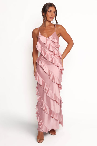 Robe de soirée longue satinée – Rose - vue 2 - Valerelle